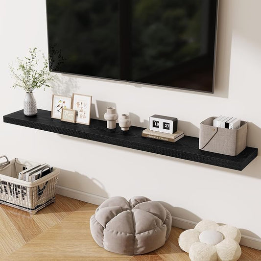 Fun Memories 72 Inch Fireplace Mantel Shelf, 10 Inch Deep Shelves for Display & Wall Storage, Rustic Wood Wall Shelf, Extra Long Floating Shelves for Living Room Laundry Room, Black, Set of 1