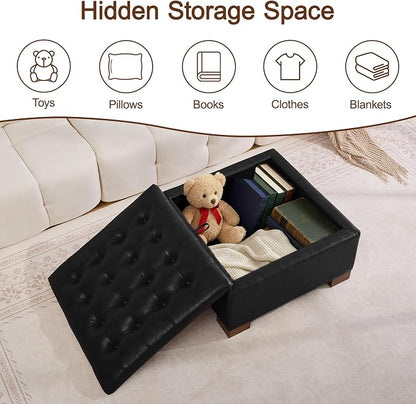 WUTUTUEE 30" Faux Leather Square Storage Ottoman with Wooden Tray, Modern Tufted Button Footstool Coffee Table, Upholstered Large Ottoman for Living Room, Bedroom, Black
