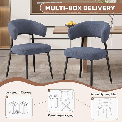 Dining Chairs Set of 6, Mid Century Modern Kitchen Chairs, Boucle Upholstered Dining Chair with Curved Backrest & Metal Legs for Kitchen Dining Room, Dark Blue