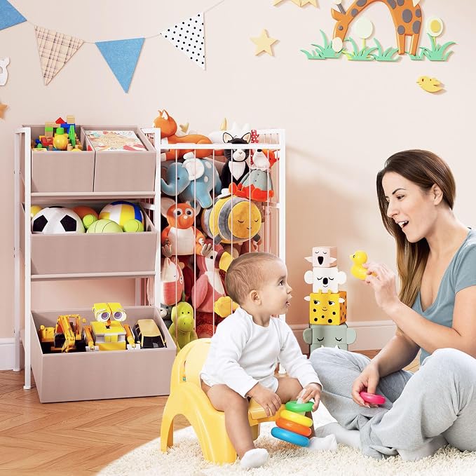 BBLIKE Stuffed Animal Storage - Kids Storage Organizer with 4 Removable Bins, Kids Storage Toy Shelf Organizer for Stuffed Animal Holder for Bedroom Playroom Nursery, Pink