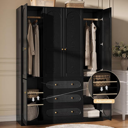 TOKSOM 4 Doors Freestanding Armoire Wardrobe Closet, 72" Black Wardrobe Armoire Wooden Closet Large Capacity Storage with 3 Drawers & 3 Hanging Rod Shelves Clothes Organizer