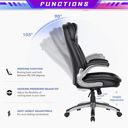 COLAMY High Back Executive Office Chair – Ergonomic PU Leather Desk Chair with Flip-Up Armrests,Height, Lumbar Support, Comfortable Computer Chair for Home Office – Black