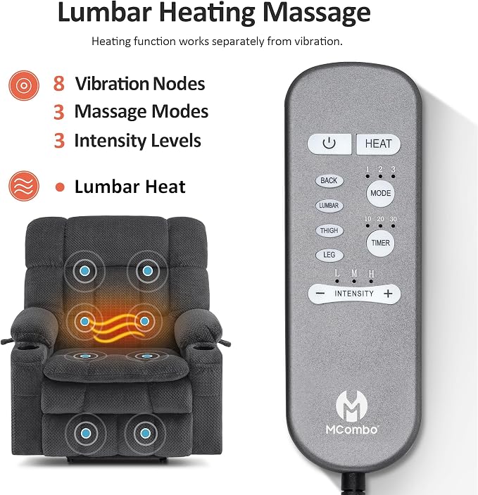 MCombo Extra Wide Dual Motor Power Lift Recliner Chair for Elderly, Zero Gravity Lift Chair with Heat and Massage, Infinite Position Recliners, USB Ports, Fabric R7897 (Dark Gray, Medium-Wide)