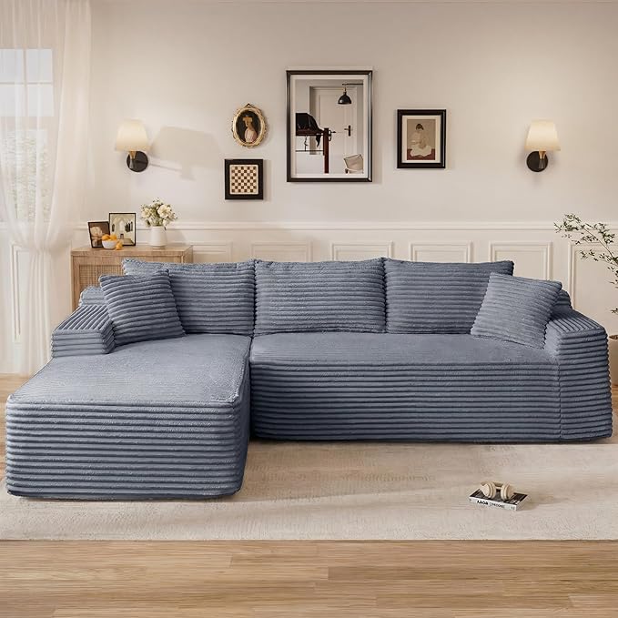 95" L Shaped Cloud Boneless Sectional Couches for Living Room, Modern Comfy Modular Deep Seat Memory Foam Compressed Corduroy Sofa Oversized Left Facing Chaise, No Assembly Required, Grey