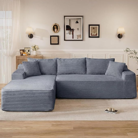 95" L Shaped Cloud Boneless Sectional Couches for Living Room, Modern Comfy Modular Deep Seat Memory Foam Compressed Corduroy Sofa Oversized Left Facing Chaise, No Assembly Required, Grey