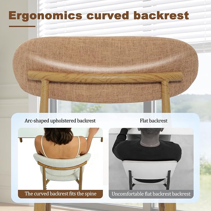 FREKEN Modern Upholstered Dining Chairs Set of 6, Mid-Century Metal Frame with Wood Grain, Linen Fabric Side Chair for Kitchen Dining Room, 350lbs Capacity, Brown