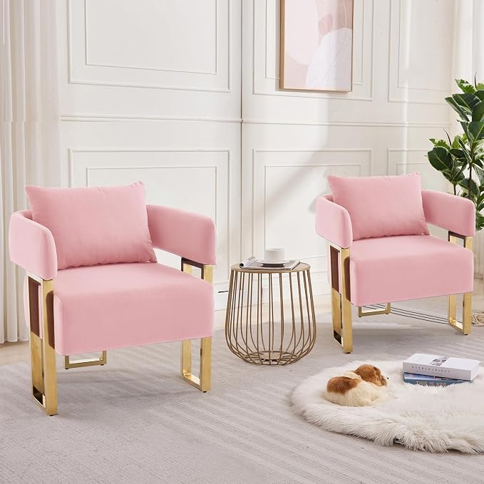 YISHENG Modern Barrel Accent Chairs Set of 2, Living Room Side Chairs with Golden Metal Legs Velvet Upholstered Reading Armchairs no Wheels for Vanity/Reception Room//Bedroom/Lounge/Office, Pink