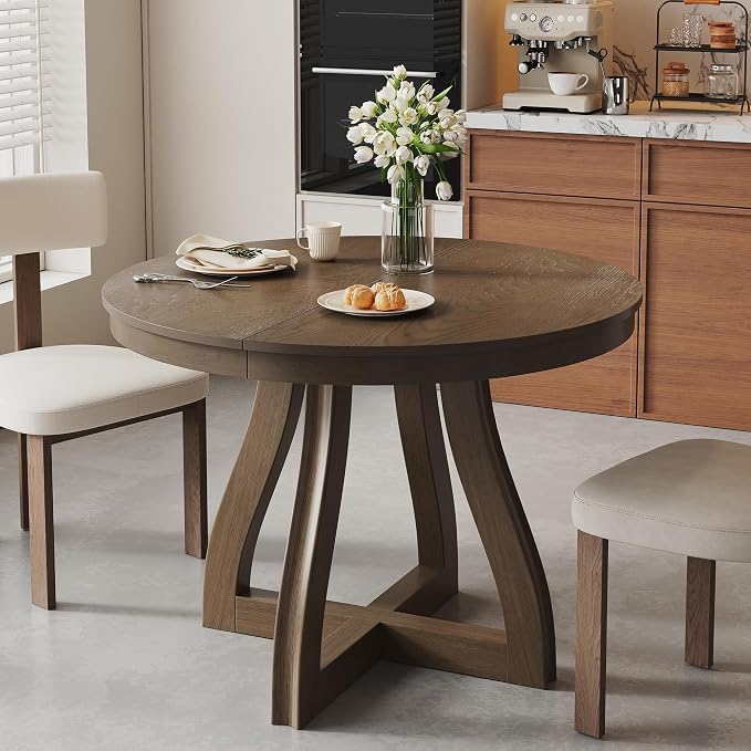LUMISOL 42"-58" Extendable Round Dining Table for 4-6, Farmhouse Kitchen Table with 16” Middle Leaf and Curved Table Legs for Kitchen, Dining Room, Apartment, Espresso