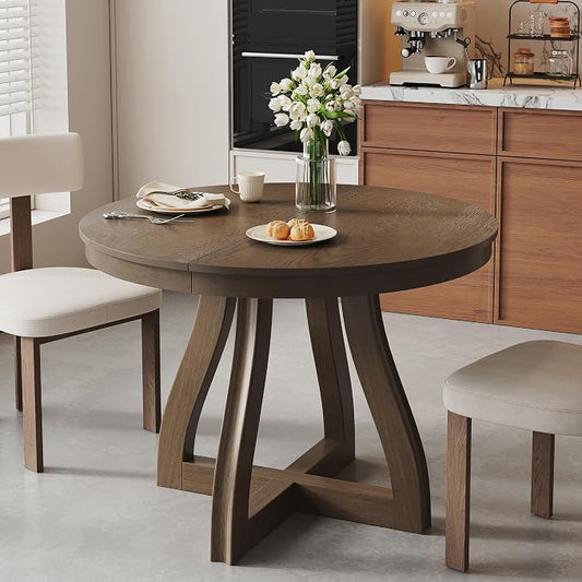 LUMISOL 42"-58" Extendable Round Dining Table for 4-6, Farmhouse Kitchen Table with 16” Middle Leaf and Curved Table Legs for Kitchen, Dining Room, Apartment, Espresso