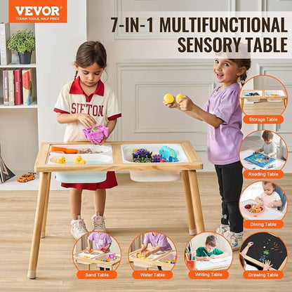 VEVOR Sensory Table for Toddlers, Kids Activity with 3 Foldable Storage Bins & Double-Sided Board, Indoor/Outdoor Play Sand and Water Table, Wooden Kids Sensory for Drawing Studying