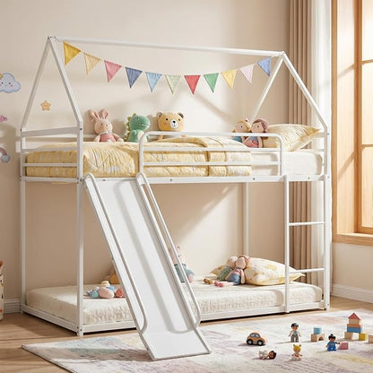 Bunk Bed with Slide, Twin Over Twin Bunk Bed with Ladder and Guardrail, Space Saving & Heavy Duty House Loft Bed for Kids, No Box Spring Needed(White)