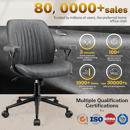HeroSet Leather Office Chair with Removable Armrests, Mid Back Ergonomic Desk Chair with Lumbar Support, Adjustable Height Rocking Swivel Executive Chair for Home Office, Drak Gray