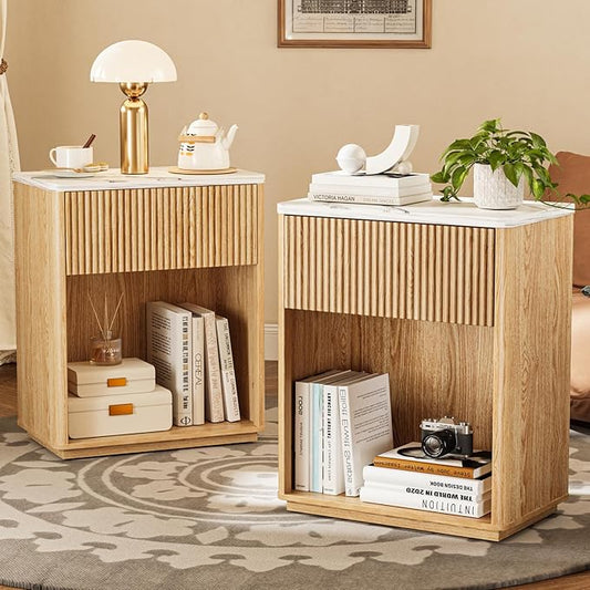 Modern Fluted Nightstand Set of 2 for Bedroom, Mid Century Bedside Table Set with Marble Top & Drawer, Wood End Table, 2 Farmhouse Night Stands for Guest Room, Hallway, Oak