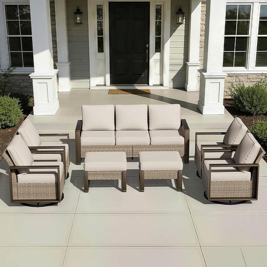 Outdoor Patio Swivel Rocker Chairs, 7 Pieces Wicker Furniture Set, 4 Swivel Rocking Chairs, 1 Sofa and 2 Ottoman, Metal Wide Armrest, Thick Cushions and Deep Seating for Garden, Backyard, Porch, Deck