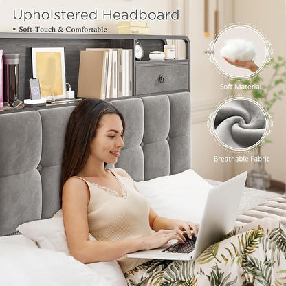 EnHomee Queen Bed Frame with 6 Storage Drawers and 2-Tier Velvet Upholstered Headboard,Modern Bed Frame with LED Lights&Charging Station,No Box Spring Needed,Noise-Free, Easy Assembly,Sturdy,Grey