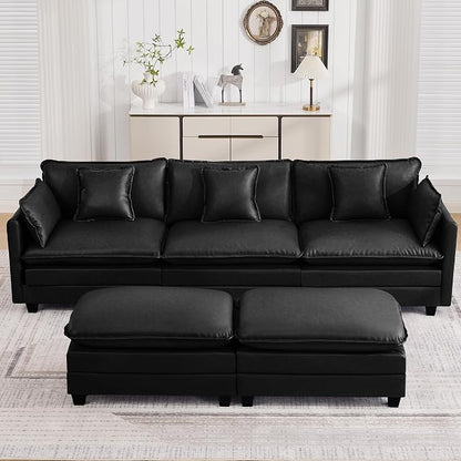 111'' Sectional Cloud Deep Seat Couch, Oversized Leather U Shaped Sectional Sofa for Living Room Set, Comfy Upholstered Modular 5-Seats Sectional Sofa Couch with 2 Movable Ottoman, Leather Black