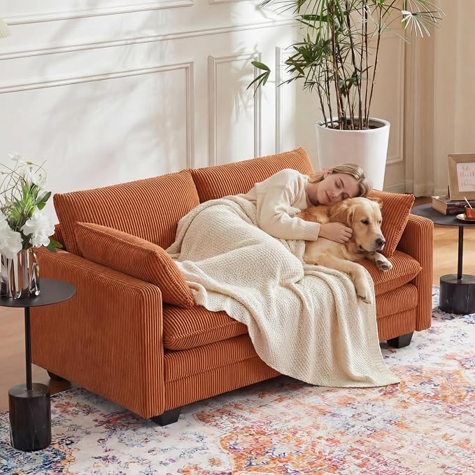 Gizoon 75” Small Cloud Loveseat Couches for Living Room, 2 Seater Love Seat Sofa with Comfy Deep Seat, Small Washable Couches with Removable Corduroy Cover for Apartment, Orange