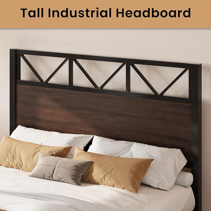 LIKIMIO Queen Bed Frame, Tall Industrial Headboard 51.2 ", Platform Bed Frame with Strong Metal Support, Solid and Stable, Noise Free, No Box Spring Needed, Easy Assembly, Walnut