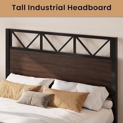 LIKIMIO Queen Bed Frame, Tall Industrial Headboard 51.2 ", Platform Bed Frame with Strong Metal Support, Solid and Stable, Noise Free, No Box Spring Needed, Easy Assembly, Walnut