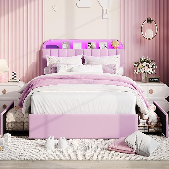 Garvee Twin XL Size Bed Frame with 2 Flexible Drawers, Upholstered Platform Bed Frame with Bookcase Headboard and LED Lights, Kids Bed for Girls, Easy Assembly, Noise Free, Purple