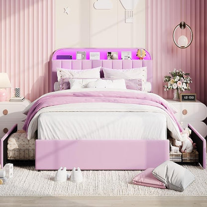 Garvee Twin XL Size Bed Frame with 2 Flexible Drawers, Upholstered Platform Bed Frame with Bookcase Headboard and LED Lights, Kids Bed for Girls, Easy Assembly, Noise Free, Purple