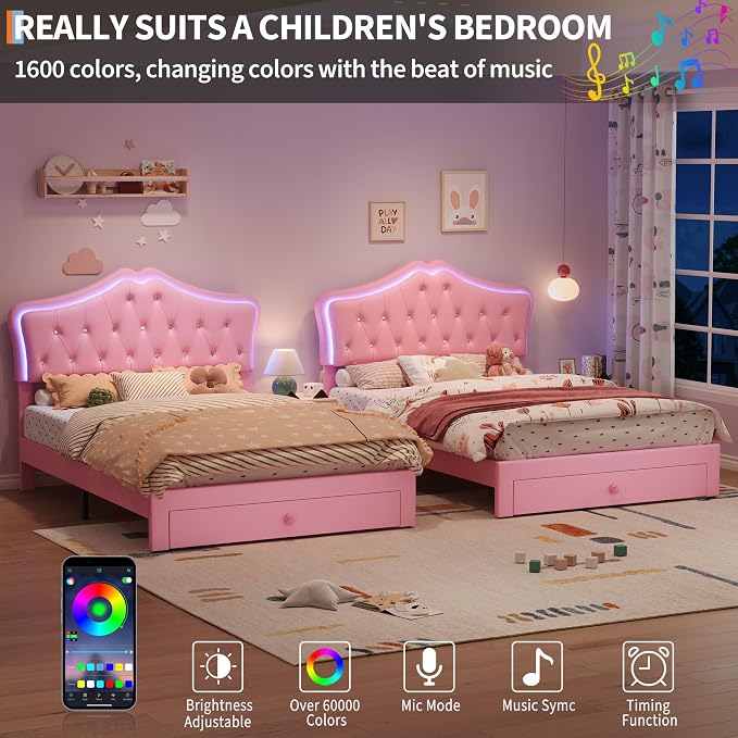 Garvee Full Size Bed Frame with LED Lights & Velvet Crystal Button Headboard, Upholstered Boy/Girl Platform Bed with Storage Drawer, Noise Free, No Box Spring Needed for Kids, Teens, Pink