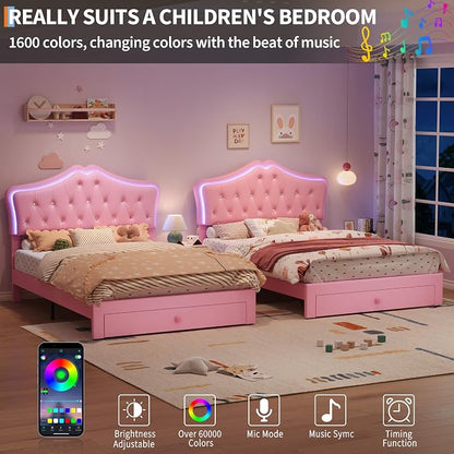 Garvee Full Size Bed Frame with LED Lights & Velvet Crystal Button Headboard, Upholstered Boy/Girl Platform Bed with Storage Drawer, Noise Free, No Box Spring Needed for Kids, Teens, Pink