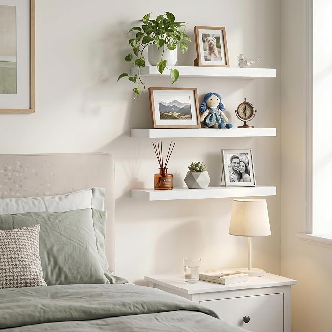 Floating Shelves for Wall, 16 inch Set of 3 Bathroom Shelf Bedroom Kitchen Living Room Hanging Book Shelves Small Farmhouse Decor, White