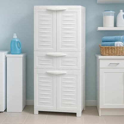 Sunnydaze 57" H Resin Garage Storage Cabinet - Garage Cabinet with 2 Adjustable Shelves - Freestanding Utility Storage for Laundry Room, Office, Basement - Speckled White
