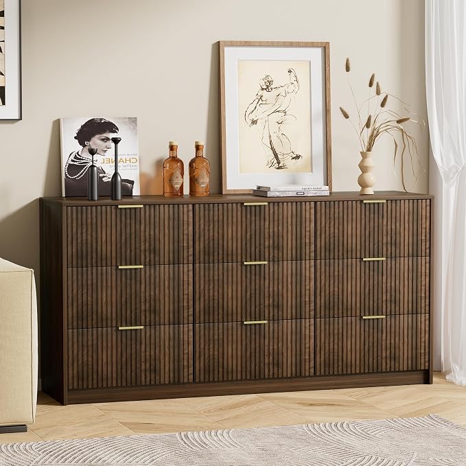 Furniway 3 Piece Bedroom Set, 9 Drawer Dresser and 3-Drawer Nightstand Set of 2 with Gold Handles, Mid-Century Modern Wood Chest of Drawers Storage Cabinet for Bedroom, Walnut