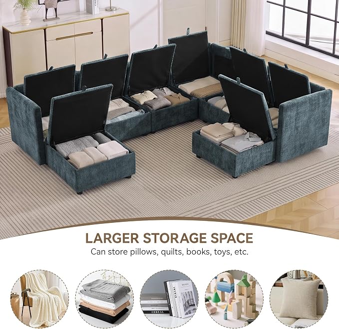 105" Blue Modular Storage Sofa, U Shaped Chenille Couch with 2 Ottomans | Oversized Convertible Sectional Sofa, 6-Seat Sectional Couch With 2 Ottomans, Large Cloud Couch For Living Room, Apartment.