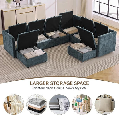 105" Blue Modular Storage Sofa, U Shaped Chenille Couch with 2 Ottomans | Oversized Convertible Sectional Sofa, 6-Seat Sectional Couch With 2 Ottomans, Large Cloud Couch For Living Room, Apartment.