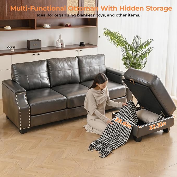 85'' Faux Leather Couch with Armrest Organizer,Sectional Sofa with Storage Movable Ottoman,Solid Wooden Frame,Thick Cushion,3 Seater L Shaped Couches for Living Room,Apartment,Home Furniture,Gray