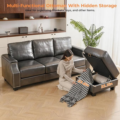 85'' Faux Leather Couch with Armrest Organizer,Sectional Sofa with Storage Movable Ottoman,Solid Wooden Frame,Thick Cushion,3 Seater L Shaped Couches for Living Room,Apartment,Home Furniture,Gray