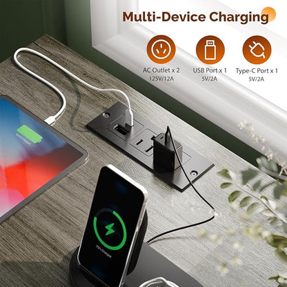 VINGLI Nightstands Set of 2 with Charging Station and Fabric Drawer, Fluted Grey Night Stand Set of 2, Gray Nightstand with Drawer, Bed side Tables/End Tables for Bedroom,14.96"W*11.81"D*23.7"H, 2 pcs
