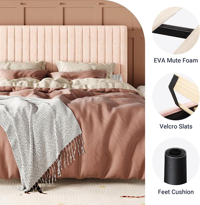 Allewie Queen Bed Frame, Upholstered Platform Bed with Adjustable Vertical Channel Tufted Headboard, Mattress Foundation with Strong Wooden Slats, Box Spring Optional, Easy Assembly, Chenille Pink