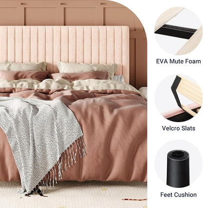 Allewie Full Bed Frame, Upholstered Platform Bed with Adjustable Vertical Channel Tufted Headboard, Mattress Foundation with Strong Wooden Slats, Box Spring Optional, Easy Assembly, Chenille Pink