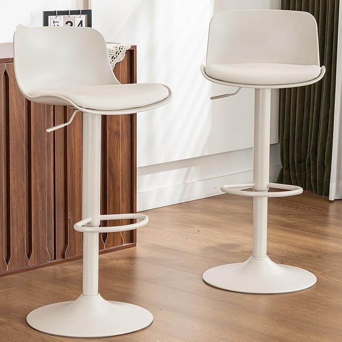 Kidol & Shellder Bar Stools Set of 2 Cream Adjustable Swivel Counter Height Stools, Modern PU Leather Upholstered with Back Solid Color Barstools for Kitchen Island