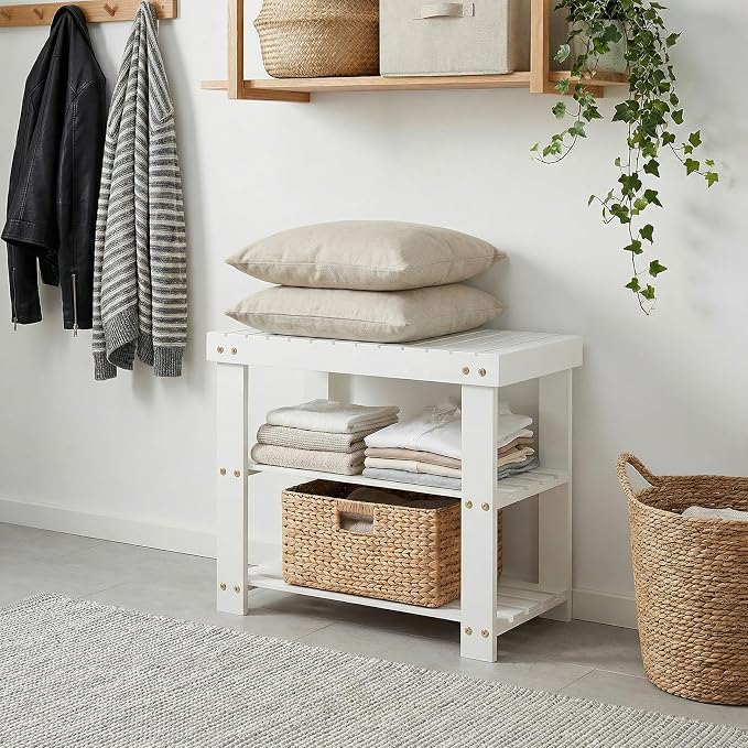 GAOMON Sturdy 3-Tier Bamboo Shoe Rack Bench – Modern Entryway Organizer with Seat & Storage Shelf, Holds up to 130kg, Perfect for Closet, Bedroom, Living Room, 28.7 x 50 x 45.3 cm – White