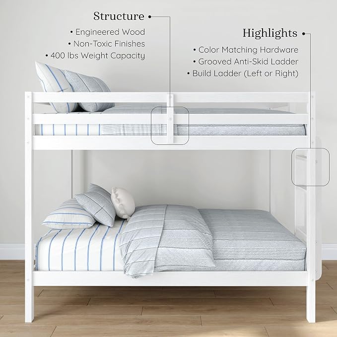 Grain & Grove Bear Twin Over Twin Bunk Bed, Sturdy Bunk Bed Frame for Kids, Plywood Bunk with Ladder, Guardrail, and Slats, No Box Spring Required, Brushed White