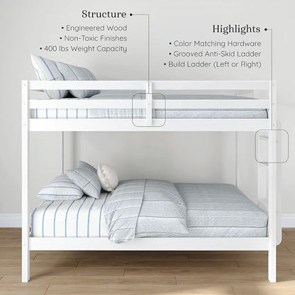 Grain & Grove Bear Twin Over Twin Bunk Bed, Sturdy Bunk Bed Frame for Kids, Plywood Bunk with Ladder, Guardrail, and Slats, No Box Spring Required, Brushed White
