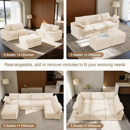 Upgrade Boneless Couch with Storage, Extra Deep&High Seat Modular Sectional Sofa 2 Seater Loveseat Sofa with Ottoman, Tool-Free Assembly Sectional Couches for Living Room Bedroom Apartment