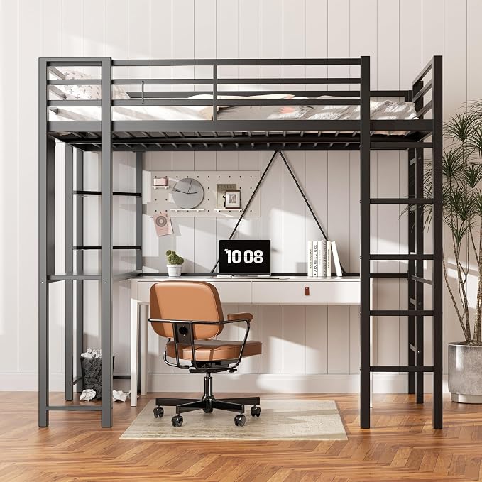 Shintenchi Loft Bed Full Size with Desk and Storage Shelves, Frame with 2 Side Ladders for Kids, Teens Adults, Spcace-Saving Noise-Free and Anti-tilt Design, Black