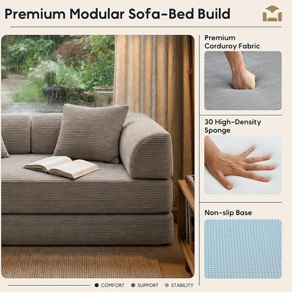 ZEIINPA 59“ Convertible Floor Sofa Bed, 5-in-1 Futon Sofa Bed Modular Sleeper Couch, Corduroy Pull Out Loveseat with Curved Armrest, Boneless Couches for Living Room, No Assembly Required, Light Grey