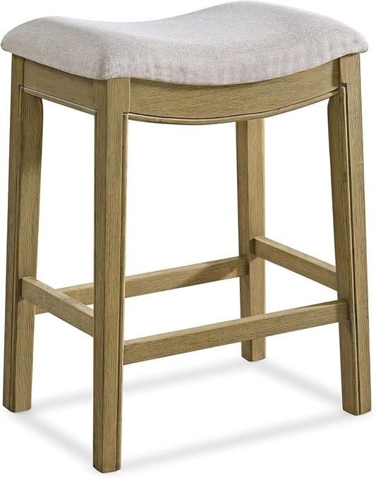 ROME + OAK Parker 26 Inch Counter Stool, Backless Saddle Kitchen Barstool in Natural Finish with Cream Fabric Upholstery Cushion Seat