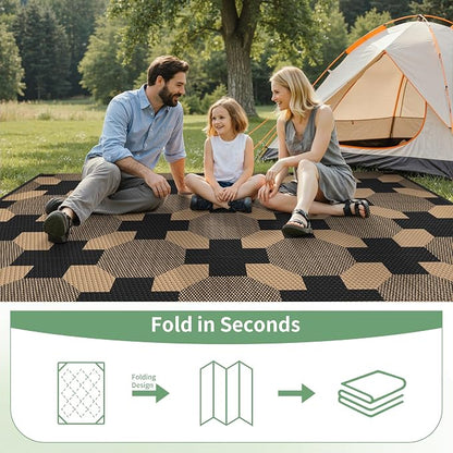 GENIMO Outdoor Rug for Patio Clearance, 6'x9' Reversible Geometric Plastic Straw Rugs, Lightweight Waterproof RV Camping Mat for Camper, Balcony, Deck, Backyard, Picnic, Black Brown