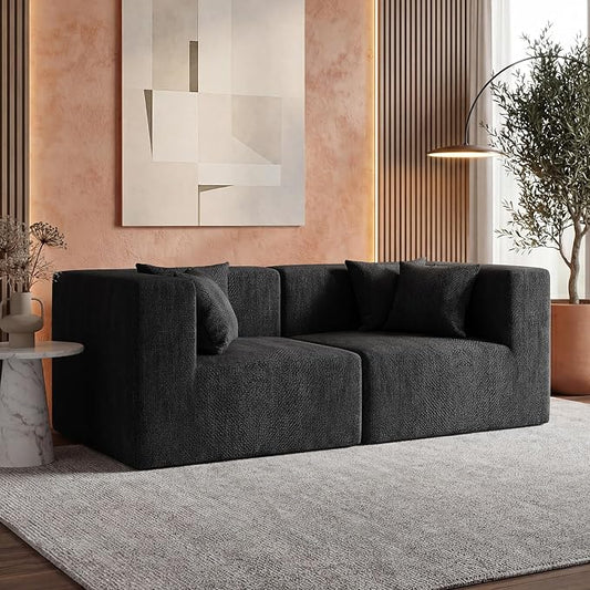 MONVANE 75" Loveseat Sofa, Comfy Chenille Modular Sectional Sofa with 4 Pillows, Modern Deep Seat Boneless Couch, 2 Seater Sofa for Living Room, Bedroom and Apartment, Black
