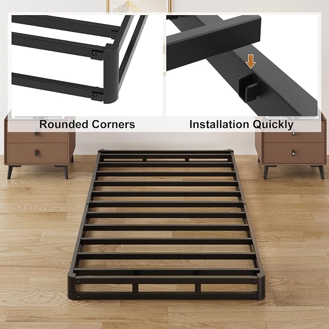 Lutown-Teen 3 Inch Twin Box Spring Low Profile, Heavy Duty Metal Box Spring Twin Bed Base with Fabric Cover, Mattress Foundation, Noise Free, Easy Assembly