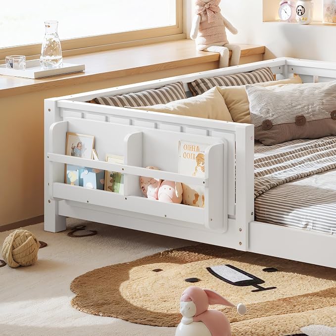 Bellemave Full Size Floor Bed with Slats and Guardrails, Full Size Montessori Floor Bed with Bookcase and Fence, Low Profile Montessori Beds for Kids, White Floor Beds Frame