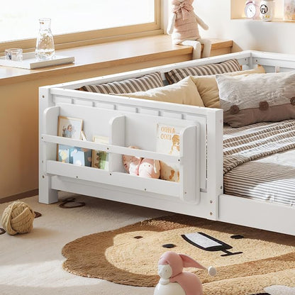 Bellemave Full Size Floor Bed with Slats and Guardrails, Full Size Montessori Floor Bed with Bookcase and Fence, Low Profile Montessori Beds for Kids, White Floor Beds Frame